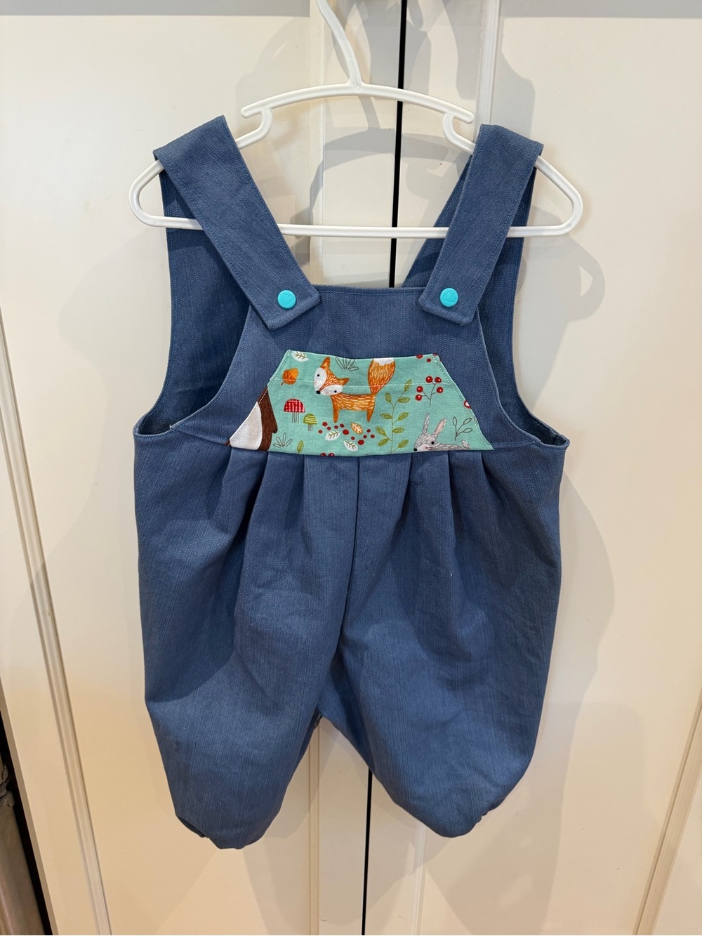 Handmade 6-9m Blue Baby Overalls with Forest Print Accent